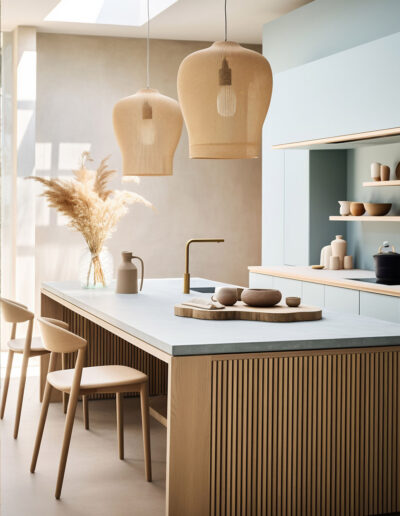 cuisine avec ilot central habillage en bois hestia agencement